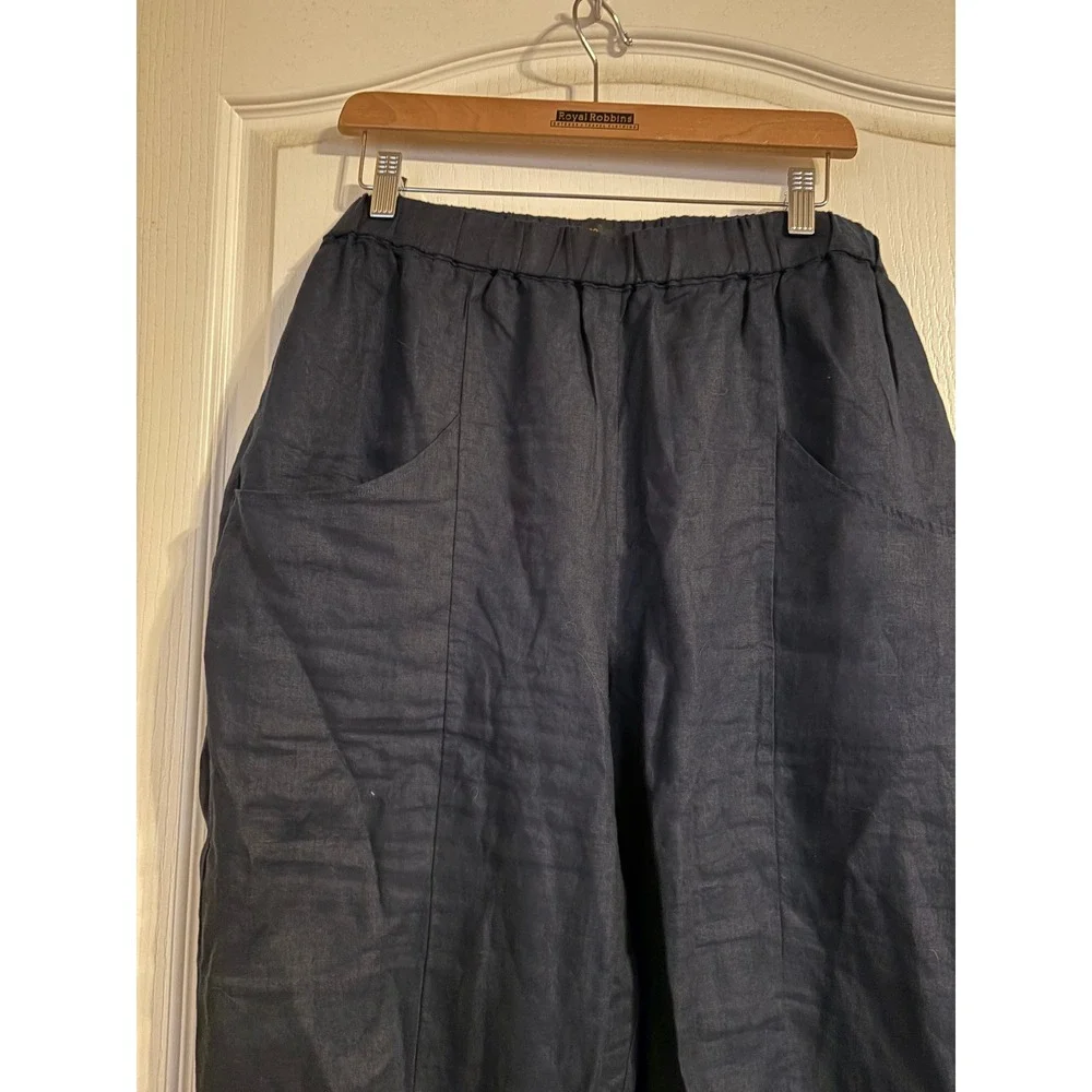 Quince 100% European Linen Pants Navy Blue Elastic Waist Wide Leg XL Womens